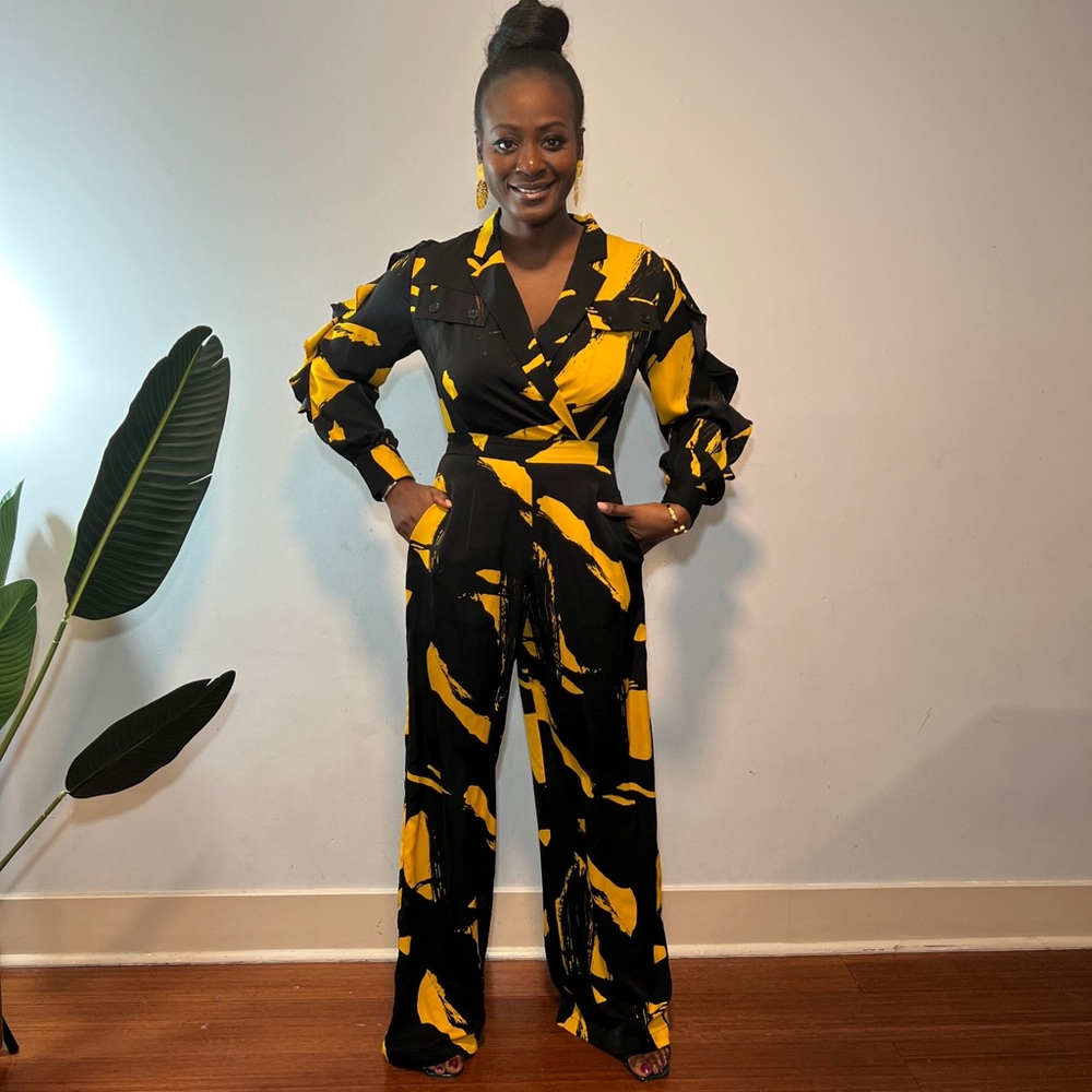 Black Yellow Jumpsuit pockets frills zipper
